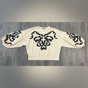 ZARA Cream Crewneck Sweater with Black Embroidery Puff sleeve - Size Small